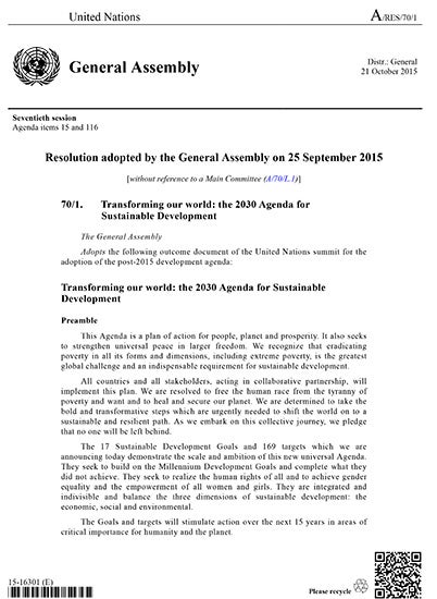 Transforming our World: The 2030 Agenda for Sustainable Development
