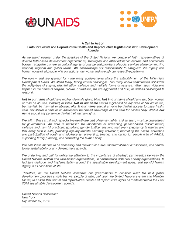 A Call to Action Faith for Sexual and Reproductive Health and Reproductive Rights Post 2015 Development Agenda
