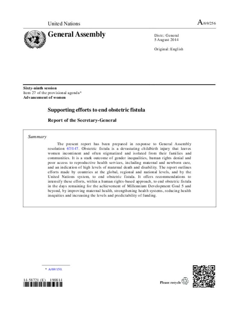 UN report on obstetric fistula 2014