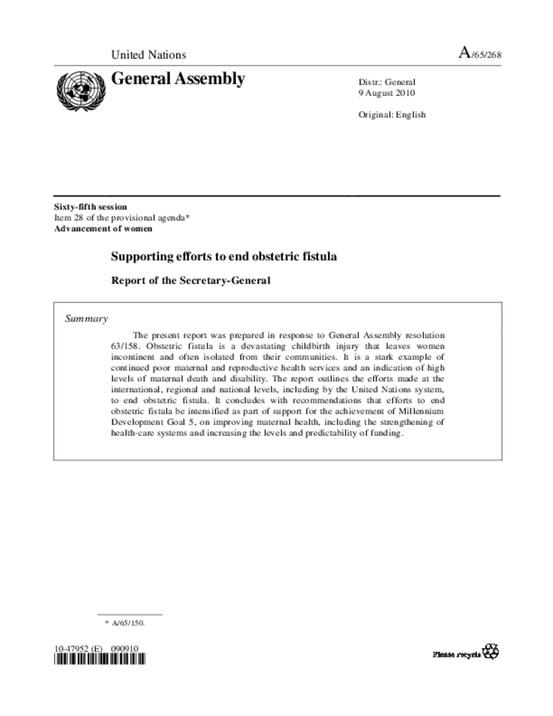 UN report on obstetric fistula 2012